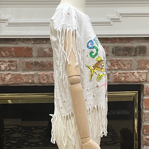 Salsa Calienté “Snorkling Isla Mujeres” distressed fringed crop top / L / EUC - Picture 5 of 11